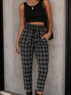 Black plaid pants with tie waist belt